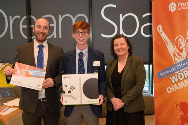 Billy Breen, Prodigy Learning; Laurencetown student Arryn Lyness; and Barbara Whelan, Microsoft Ireland.