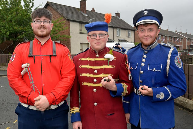 Friends who are members of three different bands posing proudly before the County Armagh demonstration in Lurgan are from left, Jake Willis, Upper Bann Fusiliers, Lurgan, Joel Murphy, Portadown True Blues, and Jack Atkinson, Craigavon Protestsnt Boys Flute Band. TH105.