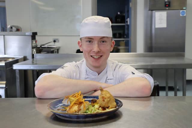 Recent past Professional Chef Traineeship student Sam Thompson who has enjoyed success with his Traineeship studies at Southern Regional College.  In the 2024 biennial IFEX competition Sam took a bronze medal in the junior poultry category.