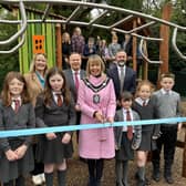 Lord Mayor Margaret Tinsley cuts the ribbon and officially opens the new Woodlands Play Park with children from Gilford Primary School along with elected members Councillor Joy Ferguson, Councillor Paul Greenfield and Councillor Ian Wilson. Picture: ABC Borough Council