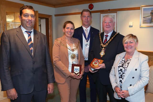 Mayor of Causeway Coast and Glens, Councillor Steven Callaghan pictured with the Mayor of Douglas, Councillor Natalie Byron-Teare, her husband Andrew, Councillor Jonathan McAuley and Alderman Sharon McKillop. Credit Causeway Coast and Glens Borough Council
