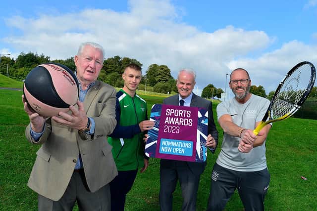 Launching the 2023 Drayne’s Farm Sport Lisburn & Castlereagh Sports Awards.are: Jimmy Walker, Chairperson of Sport Lisburn & Castlereagh; Ewan McAteer, Winner of the 2022 Senior Sports Personality of the Year Award; Councillor Thomas Beckett; Chairman of Lisburn & Castlereagh City Council’s Leisure and Community Development Committee and Faron Morrison, Lisburn & Castlereagh City Council’s Sports Development Officer. Pic credit: Lisburn & Castlereagh City Council
