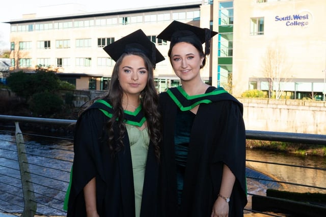 South West College (SWC) graduates from left are Shannon Conway from Greencastle and Anna Maguire from Trillick, celebrating their achievements on the Ulster University Foundation Degree in Construction Engineering with Surveying.