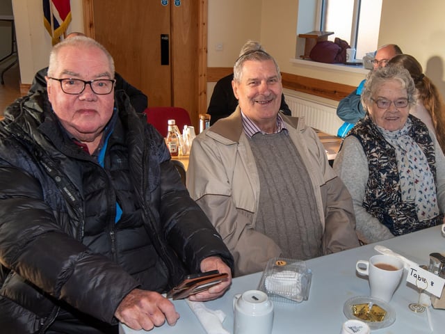 Looking forward to a big fry-up are from left, Brian Hart, Cedric Balmer and Gladys Balmer.