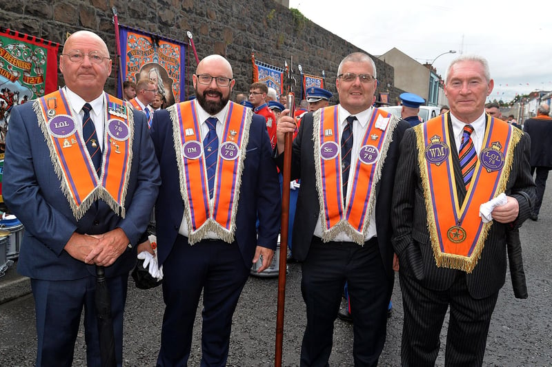 Looking smart before setting out on the annual Portadown 12th parade are member of LOL 78, Derrycarne from left, Bobby Robinson, Neil Robinson, Deputy Master, Clive Robb and Scottish visitor, David Shaw whose Scottish lodge number is also LOL 78. PT28-203.