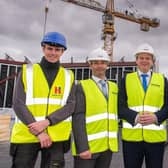 Pictured at the topping out of the new Coleraine campus for Northern Regional College are (l-r) Jack Neill, NRC apprentice engineer; Mel Higgins, Principal and Chief Executive of Northern Regional College; Economy Minister Gordon Lyons; and Amy Morrow, NRC Student President and Student Governor
