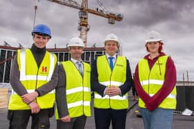 Pictured at the topping out of the new Coleraine campus for Northern Regional College are (l-r) Jack Neill, NRC apprentice engineer; Mel Higgins, Principal and Chief Executive of Northern Regional College; Economy Minister Gordon Lyons; and Amy Morrow, NRC Student President and Student Governor