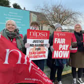 Workers on the picket line at Carrick PS in Lurgan, Co Armagh. Hundreds of school support staff from unions such as Unison, Unite, GMB and NIPSA joined the strike on the second day in what will be one of the biggest strikes among non-teaching unions in years. The ongoing industrial dispute is over the failure to deliver a pay and grading review to education workers as part of a negotiated resolution of the 2022 pay dispute.