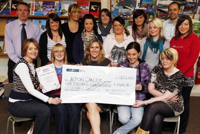 Northern Regional College (NRC) Travel and Tourism students and staff pictured  in 2010 presenting a £1,406.20 cheque which they raised through the NW200 charity walk for Action Cancer NI to Amanda Steele from the charity. Also included are tutors, Mrs. Wendy Gallagher, Mr. Ian Jinks, and Mr. Richard Hasson.