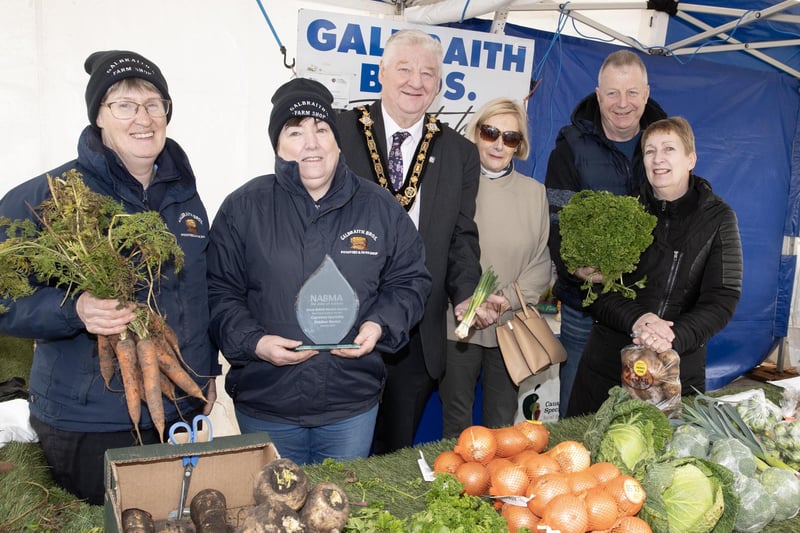 Mayor, Councillor Steven Callaghan and Lord-Lieutenant of County Londonderry, Alison Millar join customers to check out some of the fresh produce on offer at Galbraith’s Farm Shop, with traders Denise and Sandra.