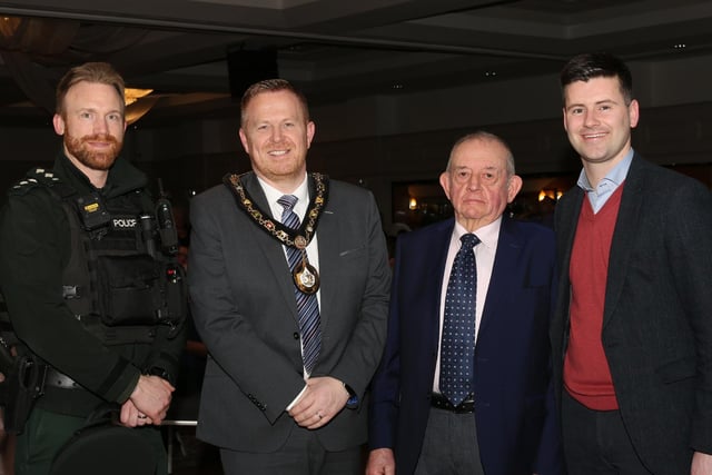 Pictured at the Big Country Night organised by The Birches Vintage and Classic Car Club at the Seagoe Hotel with proceeds going to the Northern Ireland Children's Hospice are Lord Mayor, Councillor Paul Greenfield; charity fundraiser John Wilson MBE and Upper Bann MLA Jonathan Buckley.