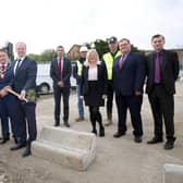 Mayor of Antrim and Newtownabbey, Cllr Mark Cooper was joined by Minister for Communities, Gordon Lyons MLA, representatives from the Department for Levelling Up and Elected Members for the official sod cutting on April 23. (Pic: Pacemaker Press).
