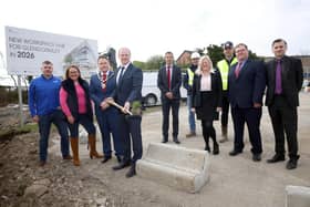 Mayor of Antrim and Newtownabbey, Cllr Mark Cooper was joined by Minister for Communities, Gordon Lyons MLA, representatives from the Department for Levelling Up and Elected Members for the official sod cutting on April 23. (Pic: Pacemaker Press).