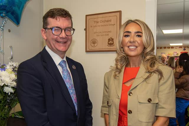 Pictured at the official opening of 'The Orchard' specialist provision at St John the Baptist's College are Eamonn Broderick, Chief Executive of CCMS and school principal, Mrs Noella Murray. Picture: Tony Hendron