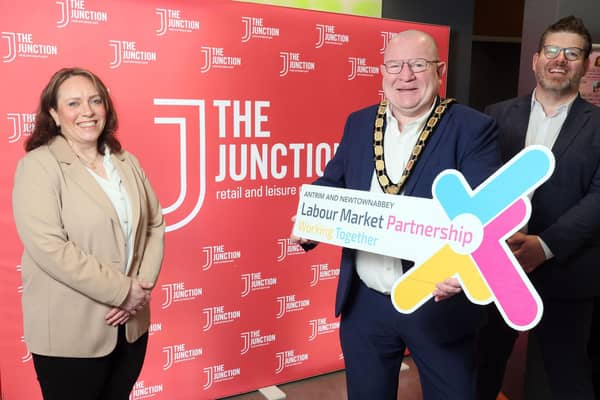 L-R: Vicki Malone, Local Provisions Manager at the Department for Communities, Mayor of Antrim and Newtownabbey Councillor Neil Kelly, and Chris Flynn, Centre Director at The Junction.