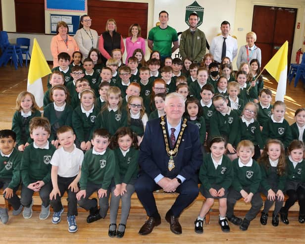 The Mayor, Councillor Steven Callaghan, joins the children of St. Patricks Primary School Portrush coaching staff and teachers as the teams played in the All-Ireland Olympic handball Finals last month. CREDIT CAUSEWAY COAST AND GLENS COUNCIL