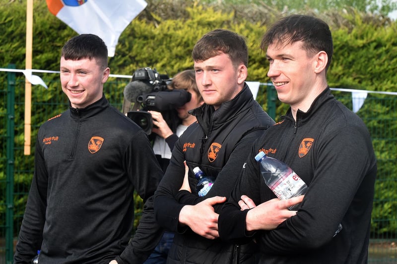 Armagh GAA squad members visiting the school, from left, Oisin Conaty (former pupil), Shea Magill and Barry McCambridge. PT19-201.