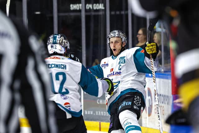 Belfast Giants’ Mark Cooper celebrates scoring against the Nottingham Panthers during Sunday night's Elite Ice Hockey League game at the Motorpoint Arena, Nottingham. Photo by William Cherry/Presseye