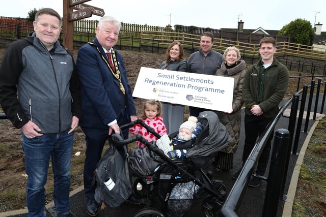 Pictured at the new accessible path at Rasharkin Community Centre are (L-R) Gregg McClements, Council’s Capital Project Officer; Mayor of Causeway Coast and Glens, Councillor Steven Callaghan; Julienne Elliot, Council’s Town & Village Manager; Brian Bradley, BJ Construction Ltd; Pat Mulvenna Director of Leisure & Development; and Caolan O’Connor, Kilcreen Consulting Ltd.