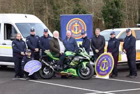 The Briggs Equipment North West 200’s Mervyn Whyte and Stanleigh Murray are pictured with Sean McCarry, Community Rescue Service Regional Co-ordinator, and CRS volunteers to announce the search and rescue service’s selection as the race event’s official charity for 2024.    Credit Pacemaker Press