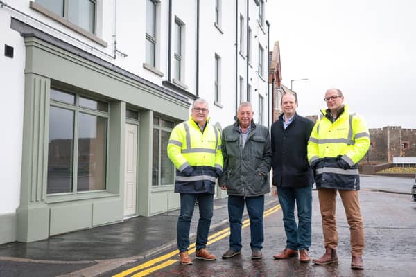 Andrew McNickle, Project Manager for Governors Place, Sammy Wilson MP for East Antrim, Minister Gordon Lyons, MLA for East Antrim & Justin McClay Director of Ballygood Estates on site at Governors Place, Carrickfergus. Picture: Matt Mackey