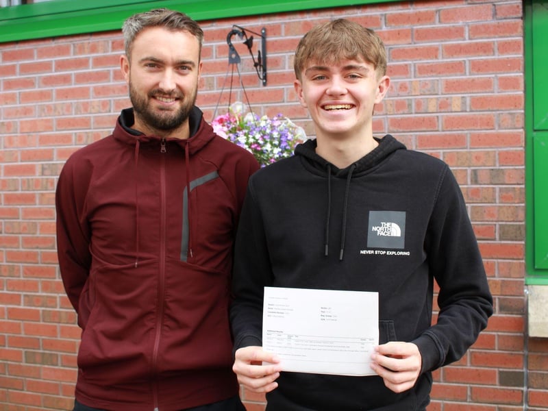 NIFL Scholarship Programme student, Tommy Connolly, celebrates his results with his tutor, Mark Patton. Tommy joined ICD for Sixth Form to study a BTEC National Extended Diploma in Sport. He will progress to the University of Ulster to study Sport.
