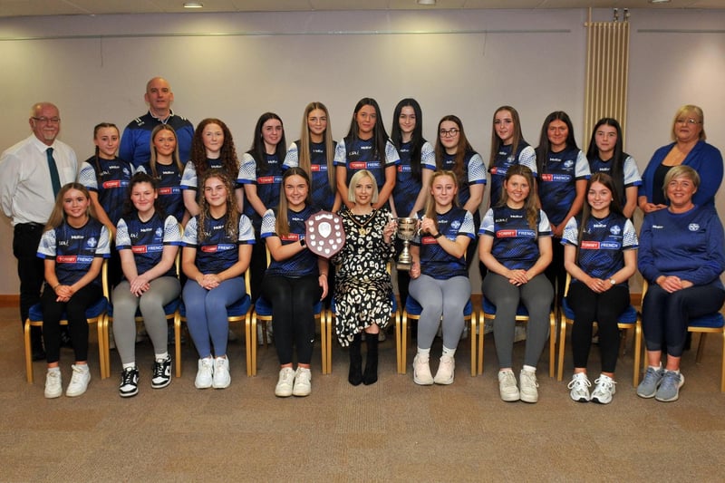 Deputy Lord Mayor, Councillor Sorcha McGeown and Councillors Mary O'Dowd and Liam Mackle with the Clan Na Gael, Under 16.5 Girls who won the County Armagh League and Championship. Included are coaches, Maria Toland and Shane O'Hanlon.