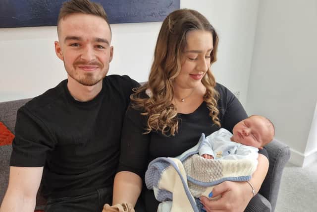 Beautiful baby boy Jonah Burns, with his dad Tyler Burns and Erin McCormac at their new home in Craigavon, Co Armagh which Tyler won in Tommy French Competitions. The picture was taken last year in 2024.