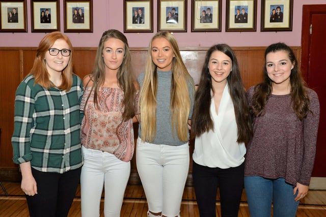 Jessica Logan, Erin McAllister, Rachel Hall, Sophie Bell and Alex Lee were among the top A Level achievers at Carrickfergus Grammar School in 2016. INCT 34-007-PSB