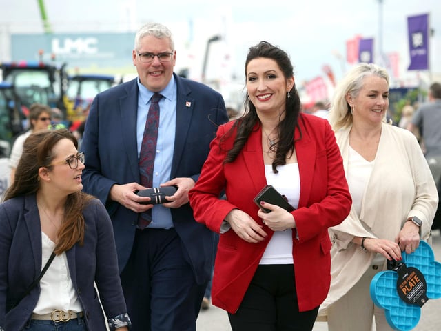 DUP leader Gavin Robinson and Deputy First Minister, Emma Little-Pengelly with MLA, Pamela Cameron at the Balmoral Show.