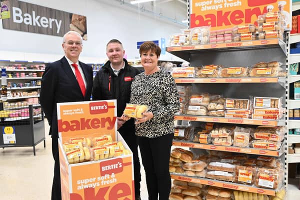 Pictured from left is the owner of Bertie’s Bakery Brian McErlain, Business Development Manager at Bertie’s Bakery John Maxwell, and Fresh Food Buying Manager at Tesco Sandra Weir, Credit: Submitted