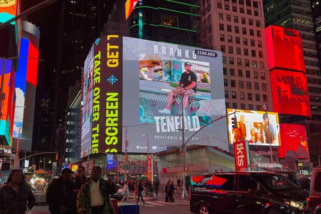 Aaron 'Branko' Brankin sitting high above Times Square in New York launching his new single 'Tenfold'. The Portadown native officially launched his single last week at the Shade 45 studios of Eminem and already it's going viral.
