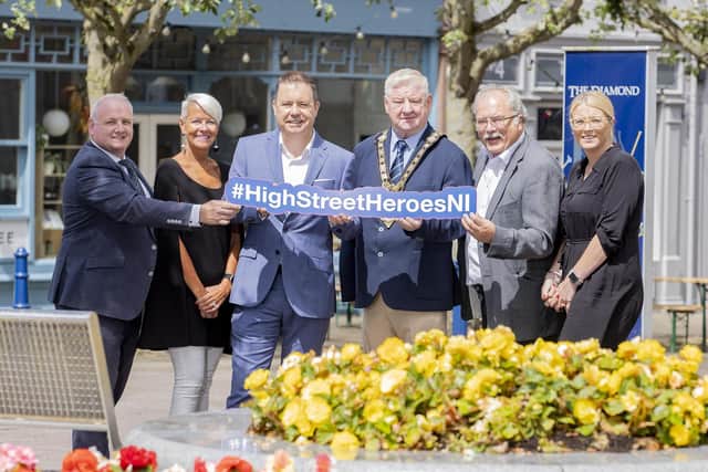 Coleraine BID is encouraging their local community to vote for their favourite Coleraine retailers in the Retail NI High Street Hero Awards for 2023 pictured are Jamie Hamill, Coleraine BID, Terese Burns,  Proprietor of Couples, Glyn Roberts Chief Executive of Retail NI, Steven Callaghan, Mayor of Causeway Coast and Glens Borough Council, Ian Donaghey MBE Chair of Coleraine BID and Annette Deighan ,Causeway Chamber. Picture Steven McAuley/McAuley Multimedia