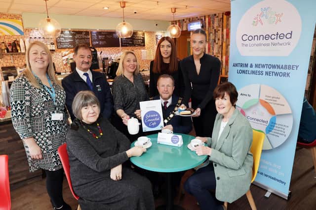 Denise McClenaghan (NHSCT), Cllr Norrie Ramsay, Jamaine Woodside (Caffe 3), Leah Glass (NHSCT), Sophie McCorriston (Caffe 3), Valerie Adams (Chairperson of the Antrim and Newtownabbey Loneliness Network), Ald Stephen Ross and Cllr Noreen McClelland.