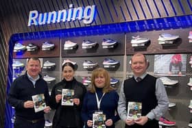 Launching the Lurgan Park Fun Run for Southern Area Hospice 2024 are, from left: Tony Mckeown, event organiser; Louise Doone, store manager, McKeever Sports; Deirdre Breen, Lurgan Friends of Hospice, and David Wilson, event organiser.