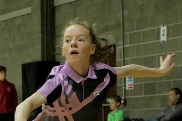 Paige Woods (Alpha) on her way to lifting the Mixed Doubles title with Dylan Noble in the U17 Irish Nationals at Alpha Badminton Club last weekend.