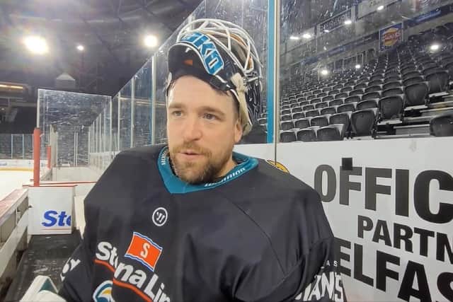 Belfast Giants' goalie Tyler Beskorowany during practice at the SSE Arena, Belfast. Picture: Darryl Armitage