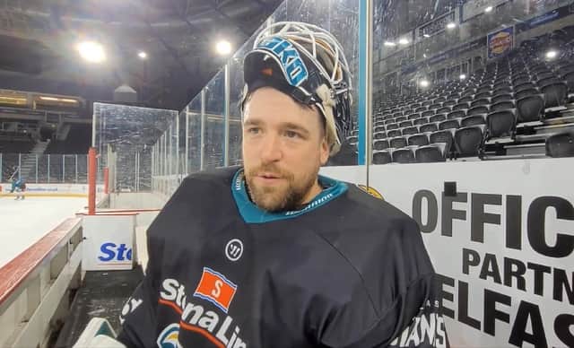 Belfast Giants' goalie Tyler Beskorowany during practice at the SSE Arena, Belfast. Picture: Darryl Armitage