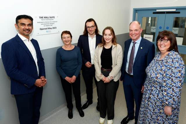 Pictured at the dedication event is Dr Hall’s family, widow Pauline and children Michael and Charity, Dr Imran Yousuf (Clinical Director), Denise Newell (Head of Diagnostics) and Deputy Lieutenant for Armagh, David Reaney.