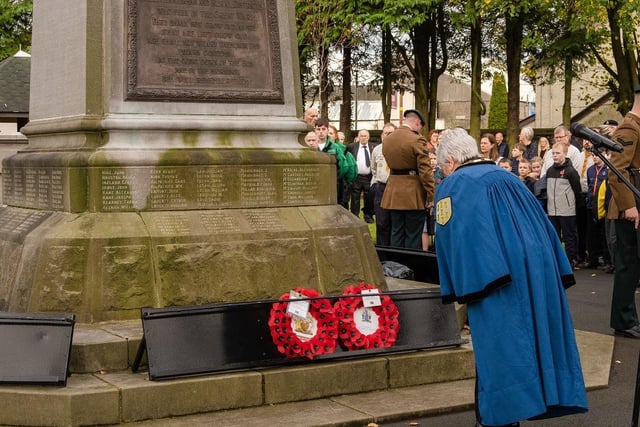 The Deputy Mayor of Mid and East Antrim, Councillor Beth Adger MBE, laying a wreath at Ballymena War Memorial.
