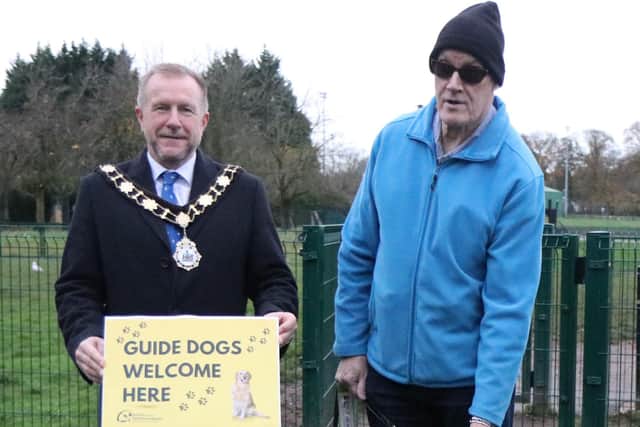 Ald Stephen Ross launches the Guide Dog Hour at Antrim Castle Gardens, along with Robert Robinson.