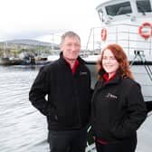 Directors of Kintra Boat Tours, Charles Stewart and Dawn Hynes at the launch of SELKIE. CREDIT: Matt Mackey, Press Eye
