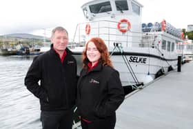 Directors of Kintra Boat Tours, Charles Stewart and Dawn Hynes at the launch of SELKIE. CREDIT: Matt Mackey, Press Eye