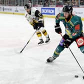 Belfast Giants' Jeff Baum with Nottingham Panthers’ Felix Pare during Friday nights EIHL game at the SSE arena, Belfast.   Photo by William Cherry/Presseye