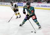 Belfast Giants' Jeff Baum with Nottingham Panthers’ Felix Pare during Friday nights EIHL game at the SSE arena, Belfast.   Photo by William Cherry/Presseye