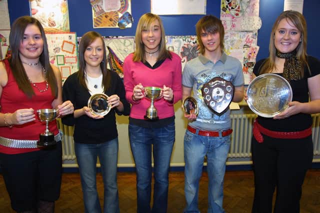 At Fort Hill's prize night in 2006 are Karen Ross(Business Studies), Sarah Ann Petrie and Michelle Chambers (Childcare), Andrew Nicholl (IT, Sociology, and Achievement in 6th Form), and Julie Prentice (Making a difference award)