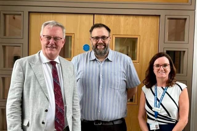 Health Minister, Mike Nesbitt MLA, with Robert McCormac (Operations Manager, Cancer Services) and Mary Jo Thompson (Asst. Director Cancer Services). Pic credit: SEHSCT