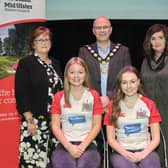 Pictured at the Civic Reception with Chair of the Council, Councillor Dominic Molloy, is Rainey Hockey Captain Imogen Millar and Vice Captain Kirsty Stevenson. Also pictured are nominating councillors, Councillor Christine McFlynn and Councillor Denise Johnston.