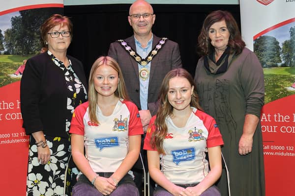 Pictured at the Civic Reception with Chair of the Council, Councillor Dominic Molloy, is Rainey Hockey Captain Imogen Millar and Vice Captain Kirsty Stevenson. Also pictured are nominating councillors, Councillor Christine McFlynn and Councillor Denise Johnston.