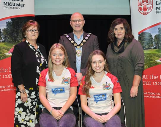 Pictured at the Civic Reception with Chair of the Council, Councillor Dominic Molloy, is Rainey Hockey Captain Imogen Millar and Vice Captain Kirsty Stevenson. Also pictured are nominating councillors, Councillor Christine McFlynn and Councillor Denise Johnston.